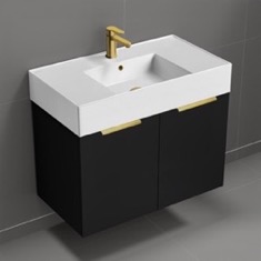 Modern Floating Bathroom Vanity, 32 inch, Matte Black, Gold Handles